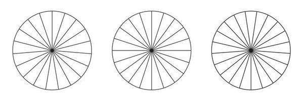 Circles divided in 19,20,21 segments. Pizza or pie round shapes cut in equal slices. Outline style set. Simple chart collection. vector