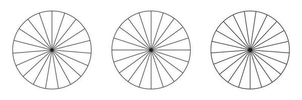 Circles divided in 19,20,21 segments. Pizza or pie round shapes cut in equal slices. Outline style set. Simple chart collection. vector