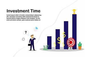 empresario de concepto de ilustración vectorial de pie y pensando en invertir con gráfico de crecimiento de estrategia y trofeo en la barra vector