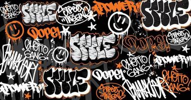 Graffiti art background with scribble throw-up and tagging hand-drawn style. Street art graffiti urban theme for prints, patterns, banners, and textiles in vector format