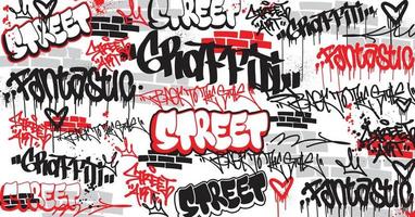 Graffiti art background with scribble throw-up and tagging hand-drawn style. Street art graffiti urban theme for prints, patterns, banners, and textiles in vector format