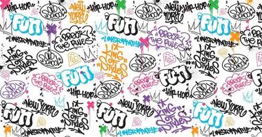 Graffiti art background with scribble throw-up and tagging hand-drawn style. Street art graffiti urban theme for prints, patterns, banners, and textiles in vector format