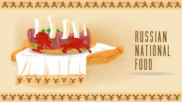 fried ribs in red sauce on a wooden platter on a towel with an ornament flat illustration of traditional food vector