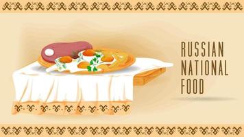 fried steak with fried eggs on a wooden platter on a towel with an ornament flat illustration of traditional food vector