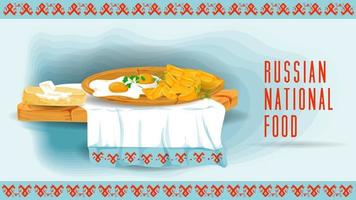 a sandwich with butter and fried potatoes with fried eggs on a towel with an ornament is a flat illustration of traditional food vector