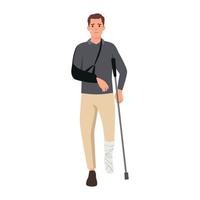 Young Sad man with a broken arm and leg in a cast with a crutch and a fixing collar around his neck. Fracture limb. Injury. Flat vector illustration isolated on white background