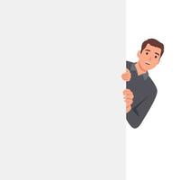 Young Curious Male Character Peeking From Behind Wall with Rectangular Shape and Looking Outside. Portrait of Cheerful Man Peeping or Watching for Something. Flat vector illustration isolated on white