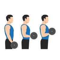 Man doing Barbell drag bicep curls exercise. 21 bicep exercise. 7 Steps side view.Arm workout. Flat vector illustration of a fitness man isolated on white background