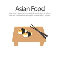 Different types of sushi on a wooden plate, Japanese food vector