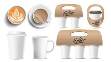 Coffee Packaging Vector. Cups Mock Up. Ceramic And Paper, Plastic Cup. Top, Side View. Cups Holder For Carrying, One, Two, Three Cups. Hot Drink. Take Away Cafe Coffee Cups Holder Mockup. vector