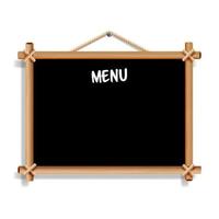 Cafe Menu Board. Isolated On White Background. Realistic Empty Black Chalkboard With Wooden Frame Hanging. Vector Illustration