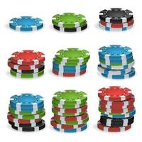 Poker Chips Stacks Vector. Plastic. White, Red, Black, Blue, Green Casino Chips Illustration. For Online Casino, Gambling Club, Poker, Billboard. vector