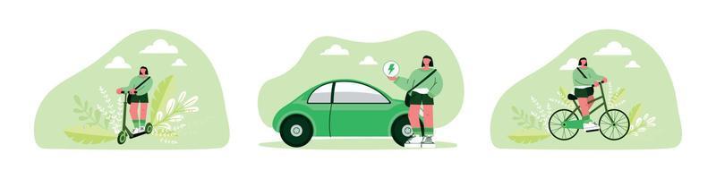 Electric transportation illustration set. Characters driving electric car, bike, scooter. Eco friendly vehicle concept. Vector illustration.
