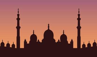Mosque silhouette. Arabic architecture silhouette, islamic cityscape panorama and minaret skyline silhouettes. Vector illustration.