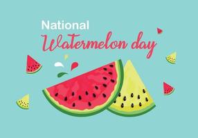 Watermelon Day. Leaflet, poster, banner, postcard, brochure design template. Slices of watermelon. The texture of a watermelon with bones. The name of the event. Vector illustration