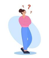 A young woman who thinks about a question. A person who doubts his choice. Problem solving concept, woman thinking, with question mark. Flat illustration. vector