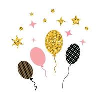 Happy Birthday Card with doodle hand drawn balloons and golden glitters. Vector illustration