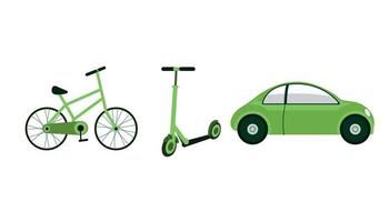 Electric transportation illustration set. Electric car, bike, scooter . Eco friendly vehicle concept. Vector illustration.