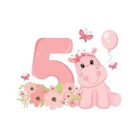 Cute baby girl hippo. Birthday invitation. Five years, 5 months. Happy birthday vector