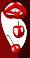 ilustración de labios rojos brillantes con una cereza sobre un fondo abstracto. una pancarta brillante, un volante para productos con sabor a cereza. impresión en textiles y papel ilustración vectorial para marketing vector