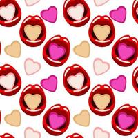 A pattern with red lips and sweets in the mouth on a white background. Colored love candies. The open mouth holds the pills in the shape of a heart. Pattern for the Valentine's Day holiday. vector