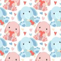A pattern of soft toys. A blue elephant and a pink hare with toys in their hands and different poses. Pattern for printing on textiles and paper. Gift packaging for children's parties. Boys and girls vector