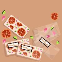 Decorative handmade white chocolate in a package. White chocolate with the addition of citrus, flowers for decoration and taste. Background for printing postcards, tags, banners. vector