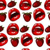 A pattern with red lips and strawberries on a white background. Red lipstick. An open mouth tries to catch strawberries. Background for packaging for the Valentine's Day holiday vector