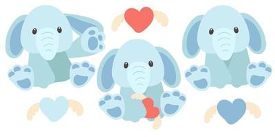 un conjunto de elefante azul de peluche en diferentes poses. con un juguete en sus manos, un corazón con alas. cumpleaños, día de san valentín, regalo de vacaciones para una niña, un niño. bandera. ilustración vectorial vector