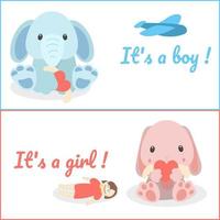 A set of invitations to a children's party with a cartoon blue elephant and a pink hare, toys on a blue and pink background. Gender party. Banner. It's a boy. It's a girl. Vector illustration