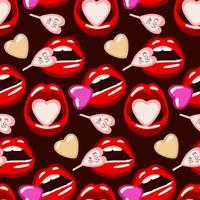 A pattern with red lips in the form of a candy, a mouth with a candy inside on a dark background. Lips with sweets and pills. Pattern packaging for the Valentine's Day holiday. vector
