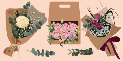 A set of beautiful gift bouquets isolated on a white background in a flat style. A bouquet in a craft package with a greeting tag. Printing on paper and textiles of postcards, banners, thank you