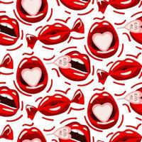 A pattern with red lips in the form of a candy, a mouth with a candy inside on a white background. Lips with sweets and pills. Pattern packaging for the Valentine's Day holiday. vector