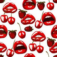 A pattern with red strawberry and cherry lips on a white background. Red lipstick. An open mouth tries to catch cherries and strawberries. Background for packaging for the Valentine's Day holiday vector
