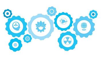 Ecology, globe, plant gear blue icon set. Connected gears and vector icons for logistic, service, shipping, distribution, transport, market, communicate concepts. on white background