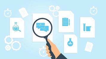 Laboratory, flask file, document research vector illustration. Document with search icons. File and magnifying glass. Analytics research sign. Vector Illustration on white background