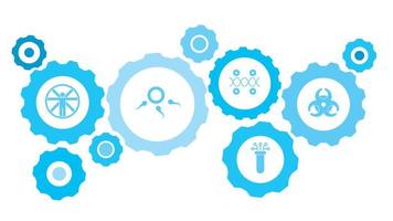 Hazard, biology gear blue icon set. Connected gears and vector icons for logistic, service, shipping, distribution, transport, market, communicate concepts. on white background