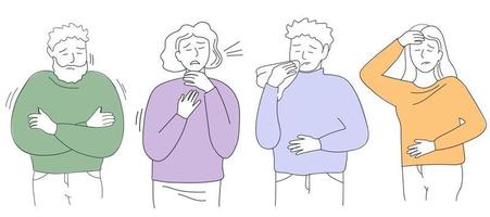 la gente se enferma, estornuda, escalofríos, fiebre. una mujer y un hombre tienen migrañas, resfriados, fiebre, secreción nasal. gráficos de línea de arte vectorial. vector
