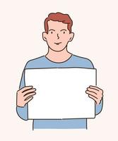 A man holds a piece of paper poster in his hands. A guy with a banner place to record. Vector graphics.