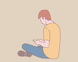 man sit down on floor view from behind side chek mobile phone with outline or line and clean simple people style vector