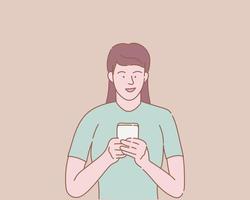 woman check mobile phone notification hold with both hand with outline or line and clean simple people style vector