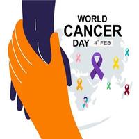 World cancer day ribbons and helping hand, design for poster and banner. Flat vector illustration.