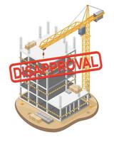 Disapproval Problem emergency construction site shut down Building Under Construction site and Hammerhead Tower Crane heavy-duty lifting system illustration isometric isolated vector