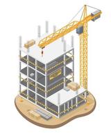 Order to Stop Work Problem emergency construction site shut down Building Under Construction site and Hammerhead Tower Crane heavy-duty lifting system illustration isometric isolated vector
