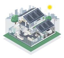 Solar Cell House hybrid component system for smart home solar panel inverter and battery diagram isometric vector