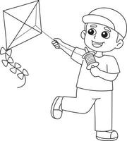 Spring Boy Flying a Kite Isolated Coloring Page vector