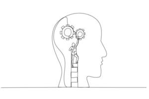 Drawing of businesswoman using the ladder and installing gear on people head concept of thinking. Single continuous line art vector