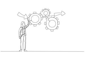 Cartoon of businesswoman make cogwheels work effective and efficient for best result concept of workflow management. Single continuous line art style vector