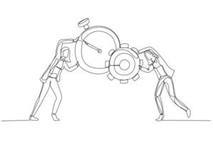 Illustration of businesswoman combine clock with and gear cogwheel concept of time management and production. One line art style vector