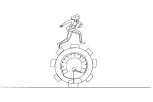 Cartoon of businesswoman running at gear cogwheel metaphor of productivity and motivation. Continuous line art style vector